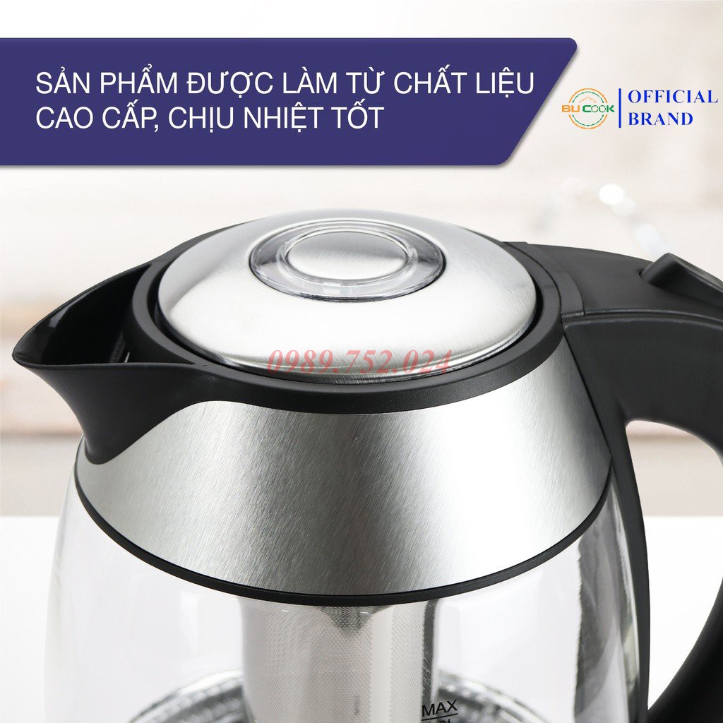 Ấm siêu tốc bình siêu tốc, ấm đun nước thủy tinh cao cấp BUCOOK BNP0521 1.8L