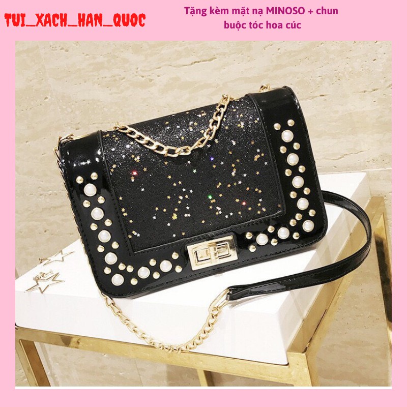 Túi Xách Nữ Kẹp Nách Đeo Chéo Phối Dây Ngọc Cúc Vân Trám 227
