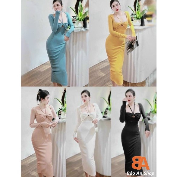 Đầm body tay dài phối dây cột nhiều màu