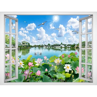 Tranh dán tường cửa sổ HD Cảnh hồ sen CS-0416 phủ kim sa
