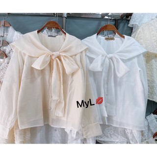 SẴN | Áo sơ mi tơ organza cổ chữ V hải quân phối nơ