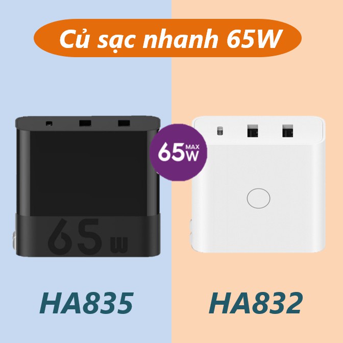 Củ sạc 65w Xiaomi ZMI HA835 chuẩn PD 3 cổng - Cốc sạc nhanh Xiaomi ZMI HA832 3 cổng 65w