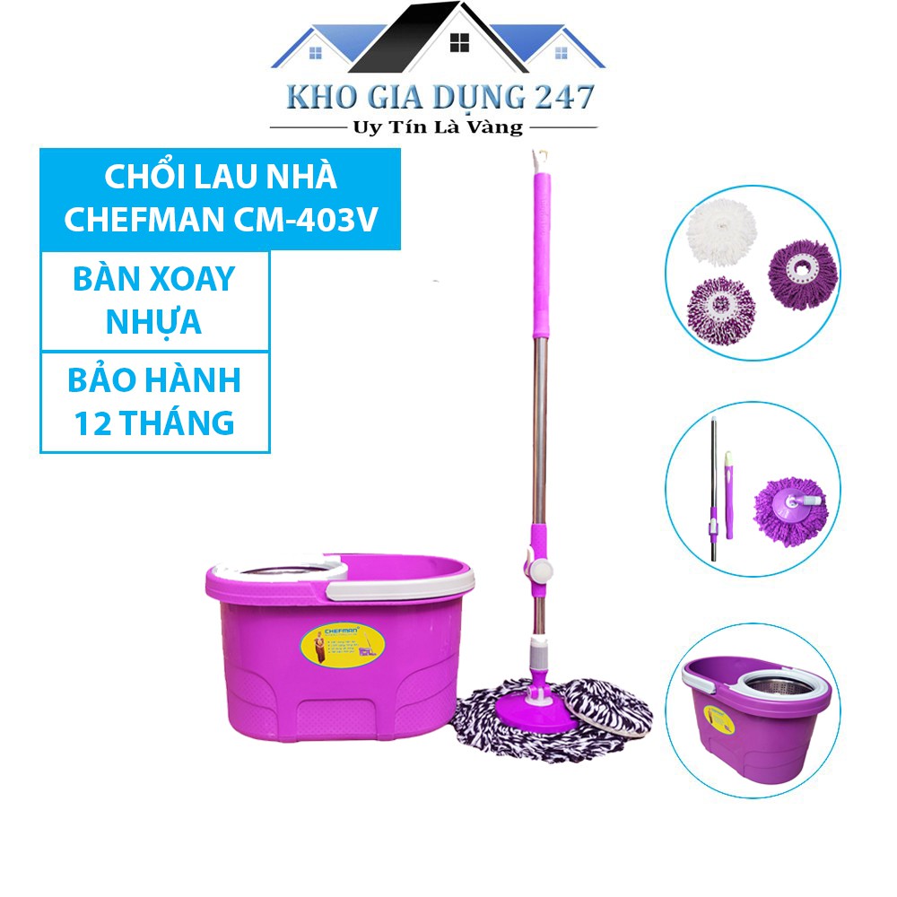 Chổi Lau Nhà Chefman CM - 413V Bàn Xoay Nhựa, Tặng Kèm 1 Bông Lau Nhà, Hàng Chính Hãng, Bảo Hành 12 Tháng