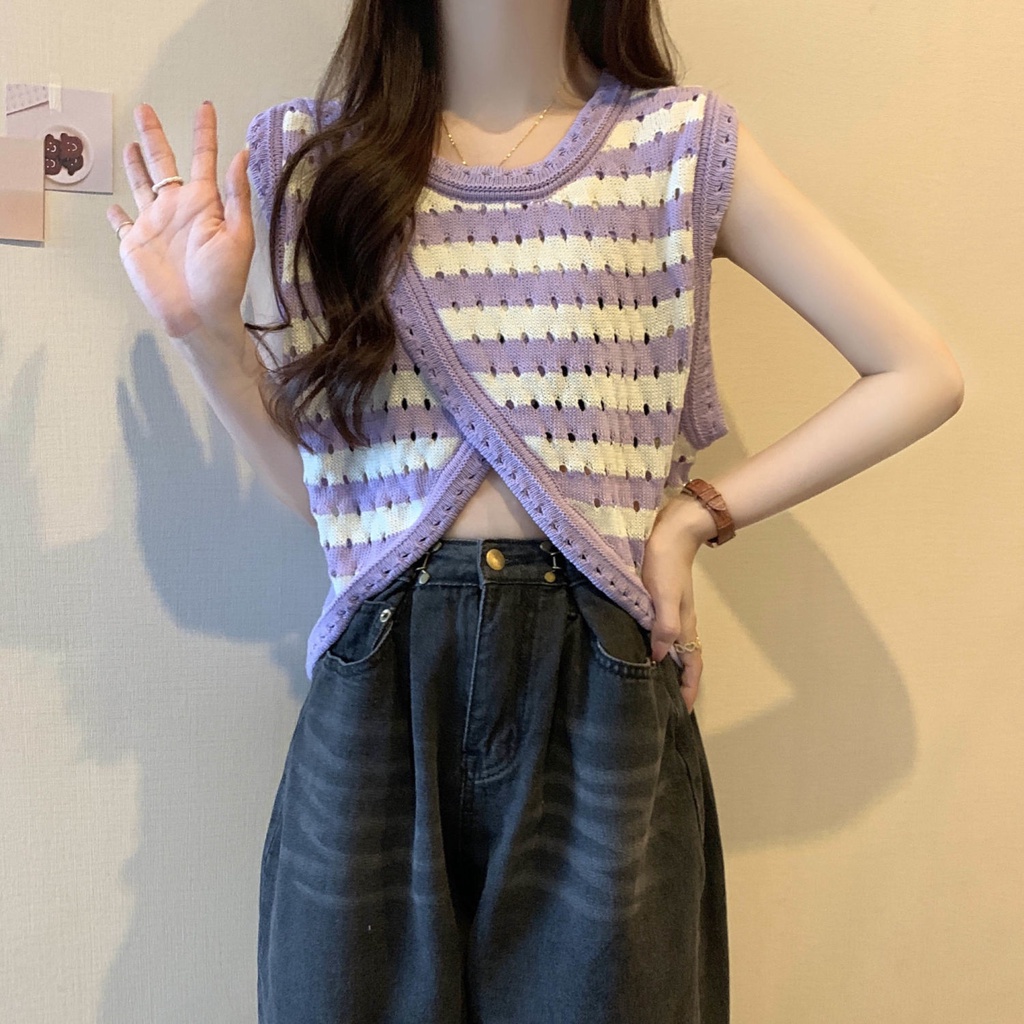 Jiashucheng Áo Sweater Sát Nách Vải Lụa Lạnh Mỏng Phối Dây Đan Chéo Thời Trang Mùa Hè Cho Nữ