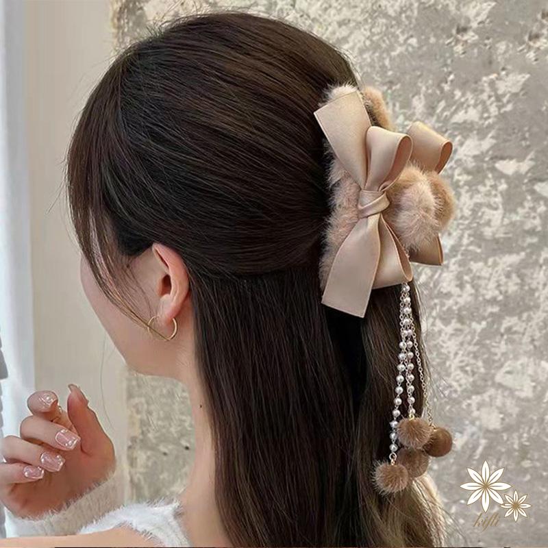 【kifil】Kẹp tóc hình nơ phối lông tua rua xinh xắn phong cách Hàn Quốc hợp thời trang cho nữ