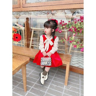 Váy nhung tay voan cổ nơ siêu xinh cho bé gái 18-30kg ( ảnh thật shop chụp nha)