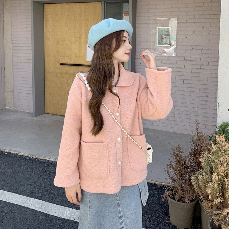 IELGY  Áo Khoác Giả Lông Cừu Dáng Rộng Ngắn Lưng Phong Cách Hàn Quốc Trẻ Trung Cho Nữ