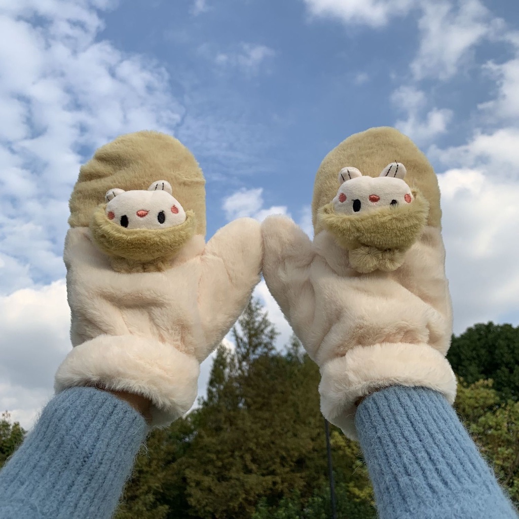 Găng Tay Lông Xù Dày Dặn Ấm Áp Họa Tiết Hoạt Hình Dễ Thương Phong Cách Hàn Quốc Cho Nữ