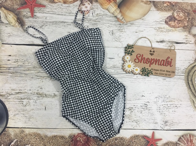 Đồ bơi bikini 1 mảnh caro, đen trơn 2 dây