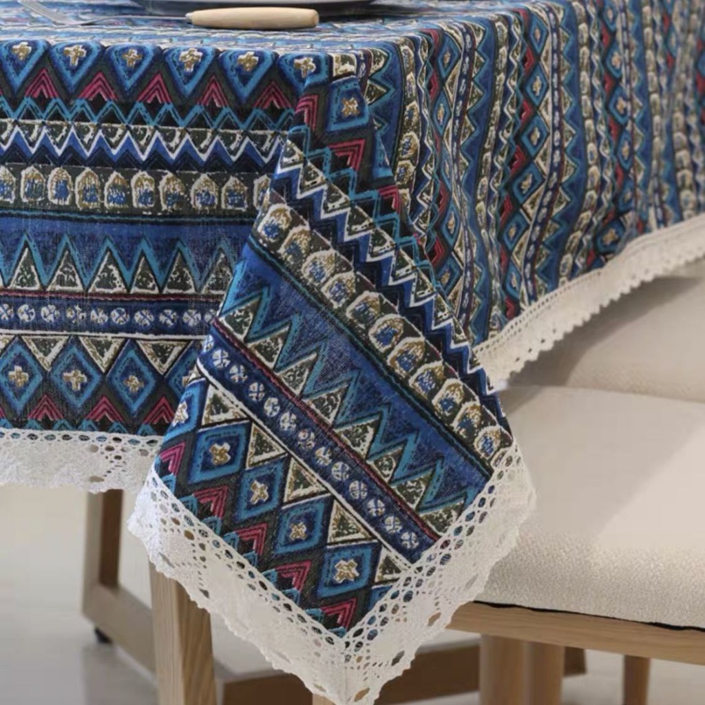 Khăn Trải Bàn Hình Chữ Nhật Vải Cotton Lanh In Họa Tiết Thổ Cẩm Kiểu Retro Hiện Đại