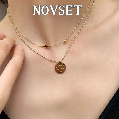 Vòng cổ 2 dây mặt tròn khắc chữ, dây chuyền novset sang trọng