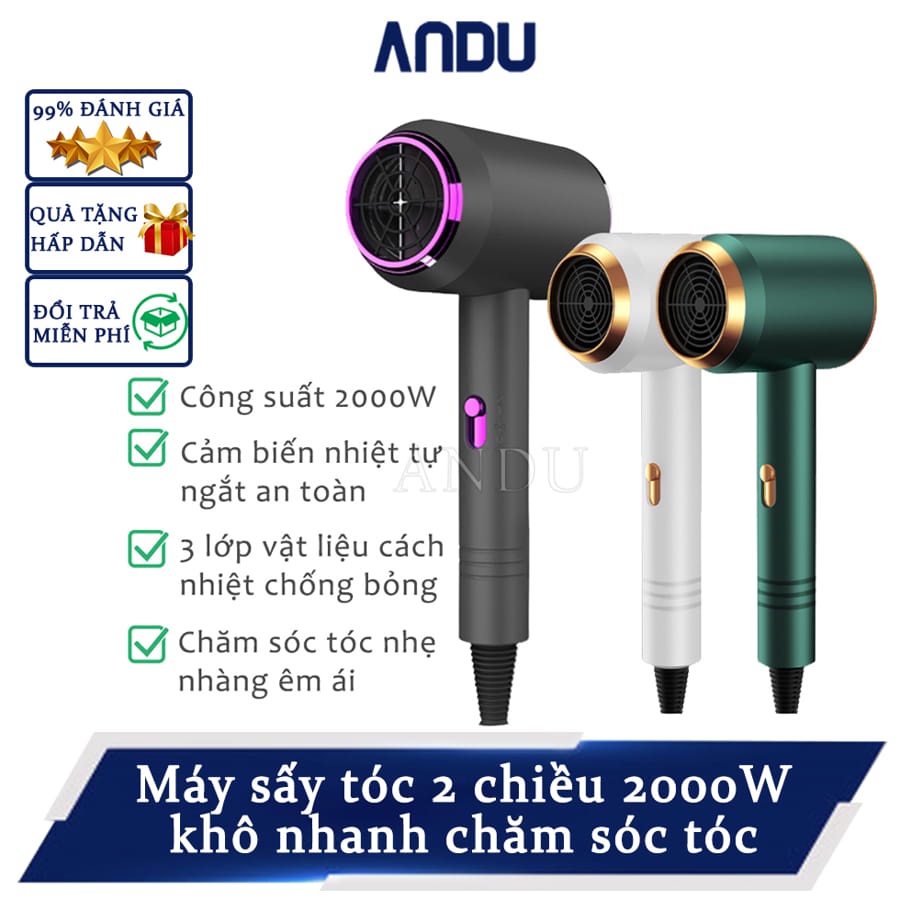 Máy Sấy Tóc 2 Chiều Nóng Lạnh Công Suất Lớn 2000W Nhanh Khô, 3 Chế Độ Sấy, Tạo Kiểu, Chăm Sóc Tóc Chuẩn Salon Kèm Mỏ Vịt