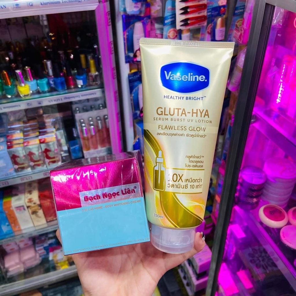 Combo Kem body Bạch Ngọc Liên và Vaseline đêm-Kem dưỡng Glu Hya 10x Hồng