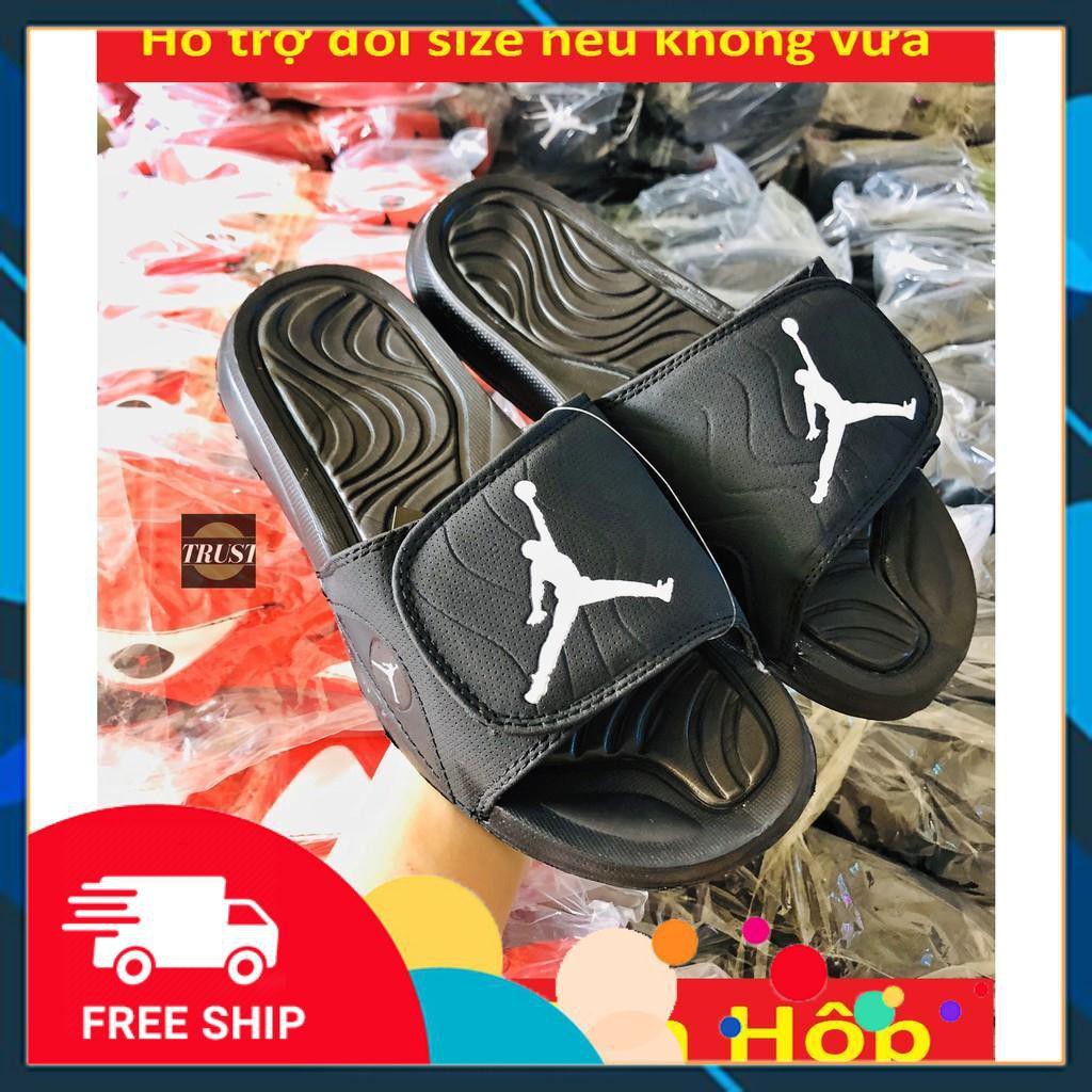 Dép jordan ❤️FREESHIP + HỘP❤️ quai ngang bóng rổ nam nữ JD4 đen logo trắng4, có tag mac đầy đủ