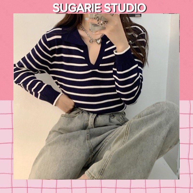 Áo thun dài tay dệt kim kẻ sọc Hàn quốc Sugarie | BigBuy360 - bigbuy360.vn