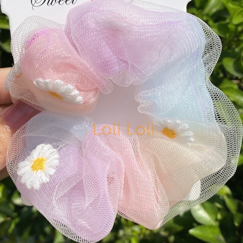 Scrunchies cột tóc 2 lớp cầu vồng hoa cúc xinh xắn