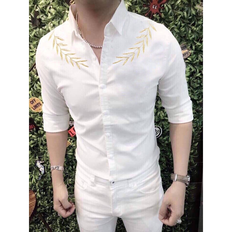 ÁO SƠ MI NAM HÀN QUỐC THÊU CÀNH LÁ QUANH CỔ - KTD009 | BigBuy360 - bigbuy360.vn