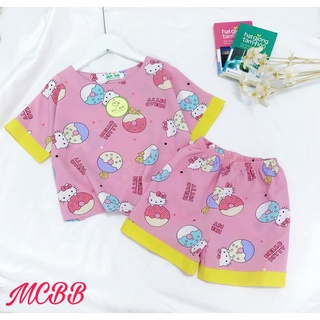 Mcbb 24-49kg vải lụa set đồ bộ bé gái áo tay ngắn quần đùi lửng bộ pyjama cho bé gái nữ đồ ngủ cho bé gái quần áo bé gái