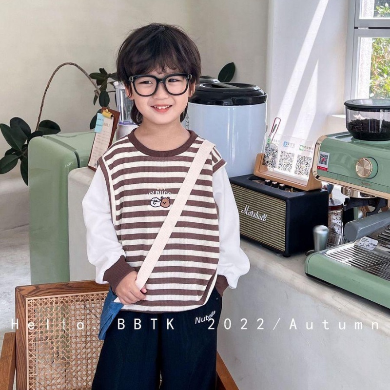 Áo thun MNGRL dài tay họa tiết sọc giả hai lớp phong cách Hàn Quốc thời trang mùa thu cho bé trai