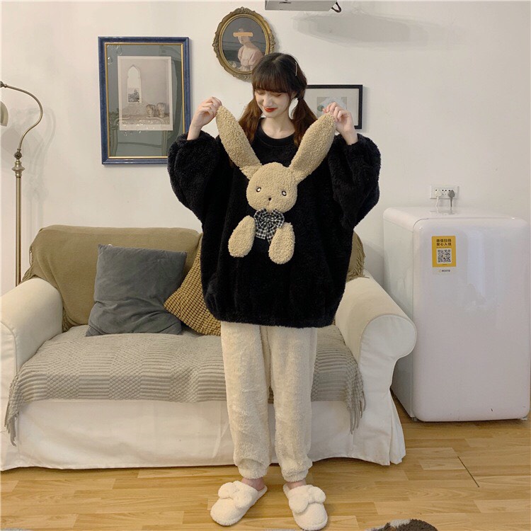 Set bộ đồ ngủ lông logo thỏ bông chất lông cừu có nơ cực xinh_Ranstore  🌿 | BigBuy360 - bigbuy360.vn