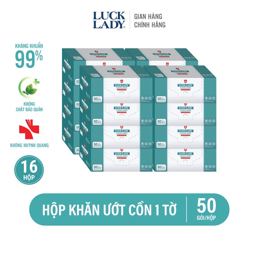 Khăn ướt cồn kháng khuẩn Luck Lady 50 gói 1 tờ/hộp - Combo 16 hộp