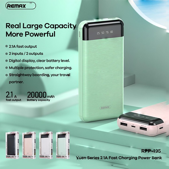 Pin sạc dự phòng Remax RPP-195 20000mAh 2 cổng USB tích hợp màn hình LED hiển thị dung lượng