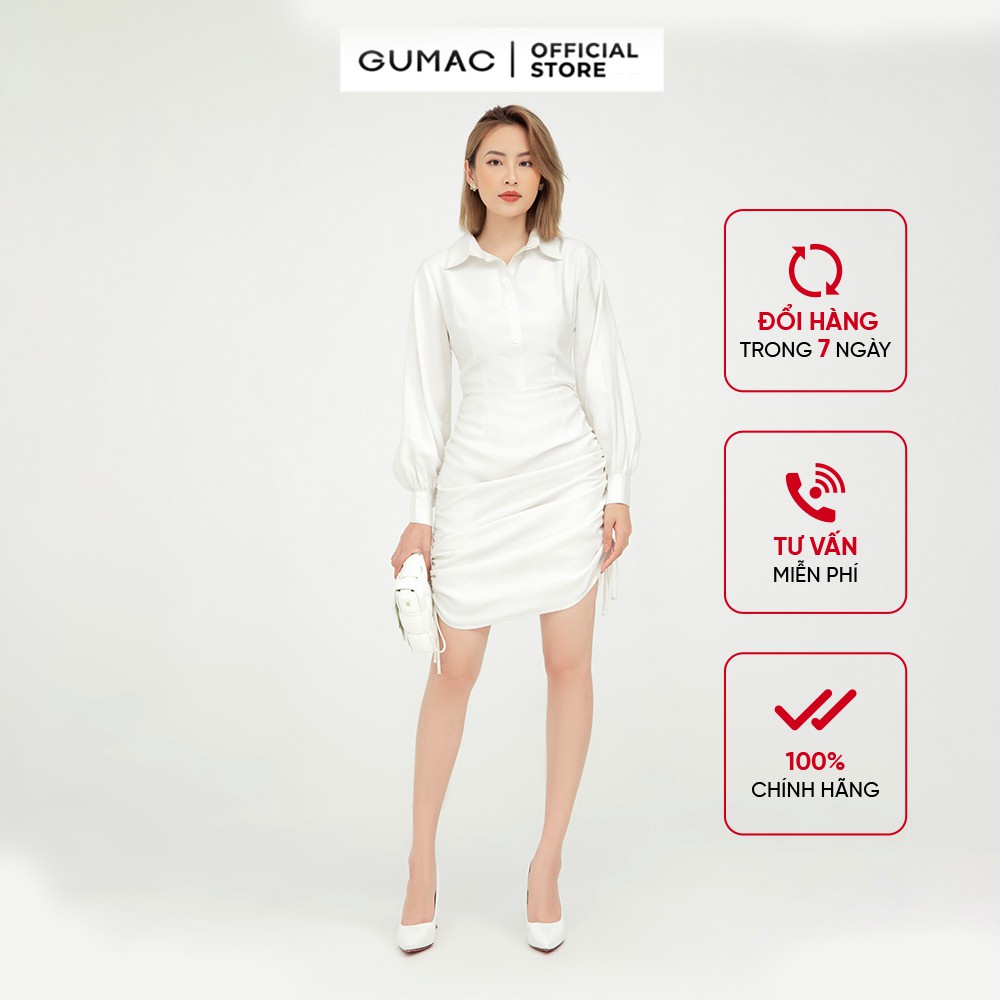 Đầm nữ sơ mi rút sườn GUMAC màu trắng dáng ôm quyến rũ DB5125 - HÀNG MỚI VỀ