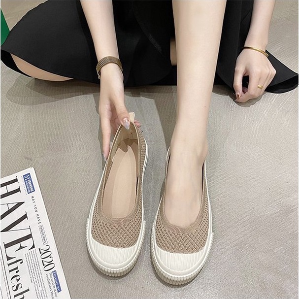 Giày Nữ Ulzzang Vintage, Giày Búp Bê Vải Dệt Kim Thoáng Khí Êm Chân Mix 2 Màu Đế Độn 3cm, Hàn Quốc - Iclassy_shoes