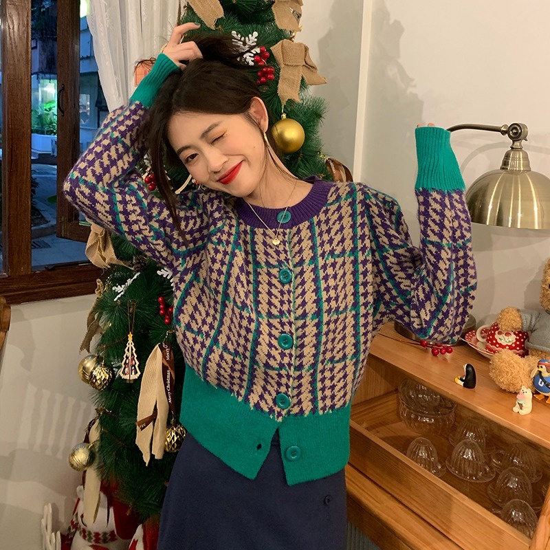 Áo cardigan dệt kim ZHELIHANGFEI tay phồng dáng rộng lưng cao thời trang cho nữ