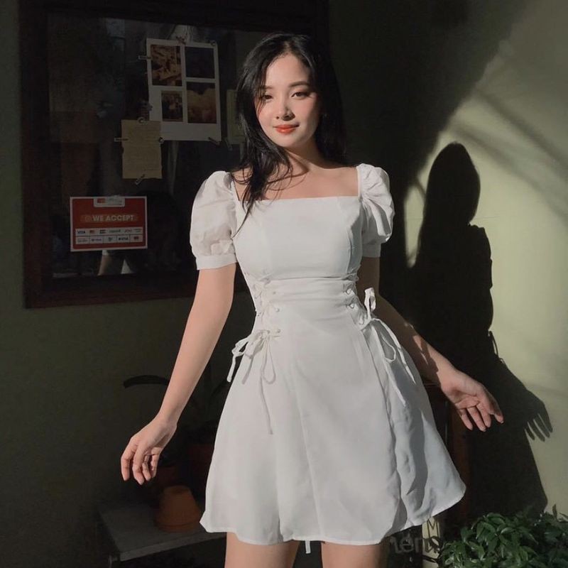 Đầm trắng tay phồng đan eo | BigBuy360 - bigbuy360.vn