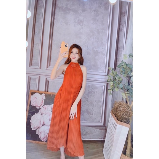 [Mã FAMANU84 giảm 10% đơn 0đ] Đầm maxi dập ly cổ yếm phối nơ nhỏ cực đẹp hình thật | BigBuy360 - bigbuy360.vn