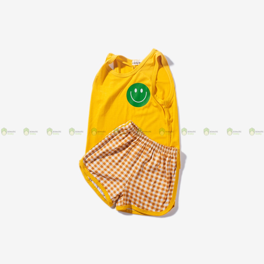 Bộ Ba Lỗ Bé Trai, Bé Gái MinkyMom Vải Thun Lạnh Hoạ Tiết Mặt Cười Quần Kẻ , Áo 3 Lỗ Cho Bé Mặc Hè Thoáng Mát MKM3LO2213