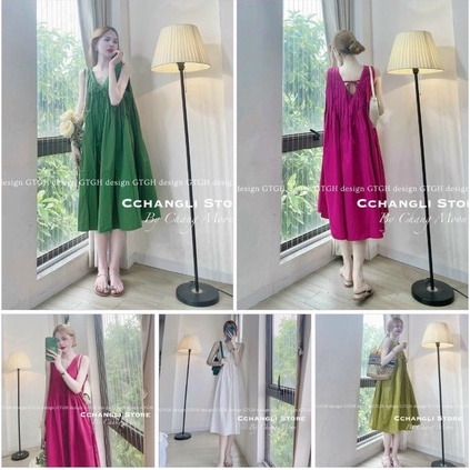 Váy maxi xuông thô nến sát nách xếp li buộc dây lưng freesize 4 màu - Đầm xoè dáng rộng bầu bí dạo phố xinh xắn