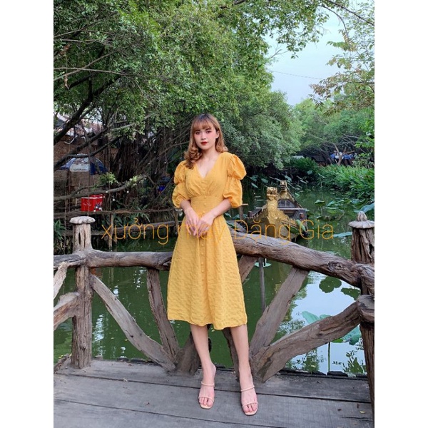 Đầm tay nhún cổ tim,đầm tay lỡ công sở xinh sắn P4215