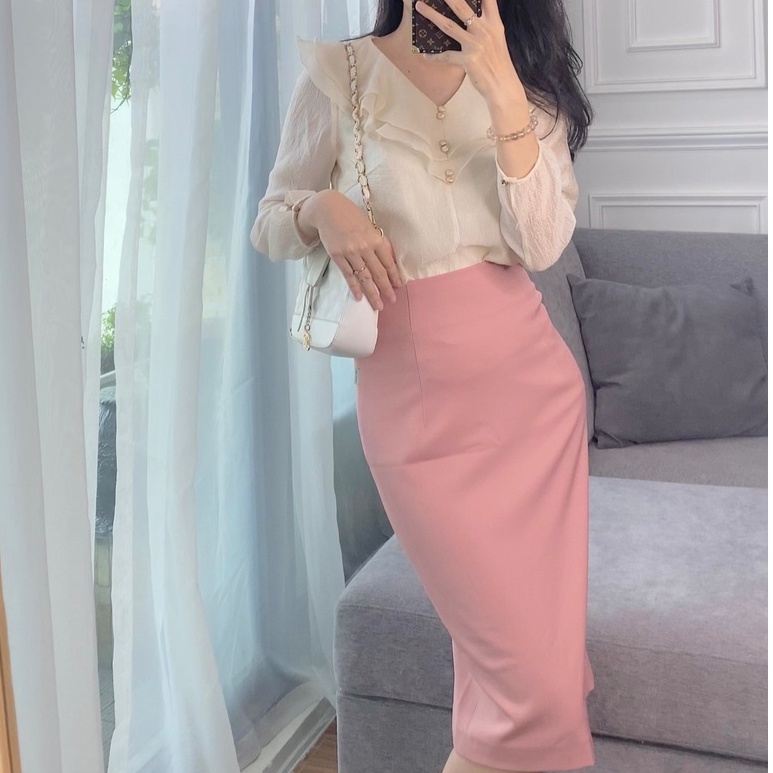 Chân váy Thương hiệu NXD Kiểu dáng bút chì xẻ sau màu hồng Mã CV04