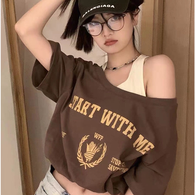 Áo Croptop Tay Ngắn Giả Hai Lớp In Họa Tiết Phong Cách Retro Mỹ Quyến Rũ Cho Nữ