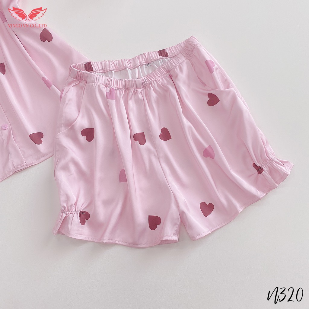 VINGO Bộ Đồ Ngủ Mặc Nhà Nữ Lụa Pháp Cao Cấp Áo Cổ Vuông Quần Cộc Bo Chun Màu Hồng N320 VNGO | BigBuy360 - bigbuy360.vn