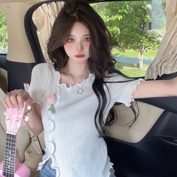 【Hana and Alice】Áo Thun Dệt Kim Tay Ngắn Đính Tai Hoa Xinh Xắn Hợp Thời Trang