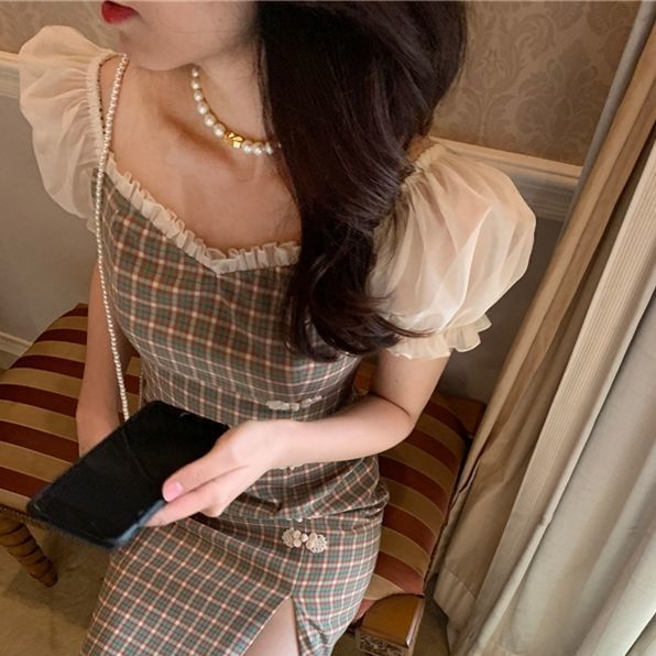 New Snapping up&Retro Slit Skirt Summer New Improved National Style Plaid Cheongsam Tight Waist Straight Mid-Length Dress | BigBuy360 - bigbuy360.vn
