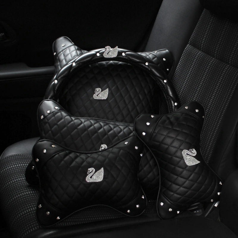 【Ready Stock】 Diamond Swan Car Interior Seat Pillow Waist Pillow Car Neck Headrest Pillow RXAt