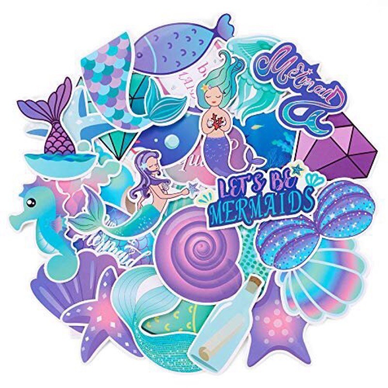 Sticker Mermaid set 30-50 cái ép lụa khác nhau bóc dán / hình dán Mermaid