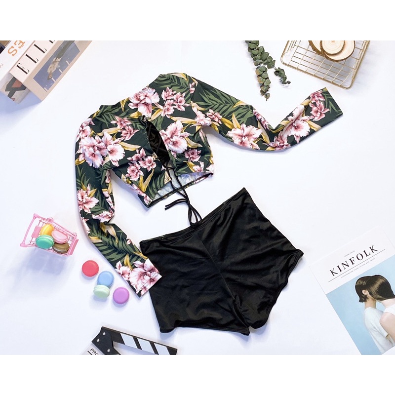 Bikini dài tay nữ hoa lá quần đùi cạp cao hàng VN