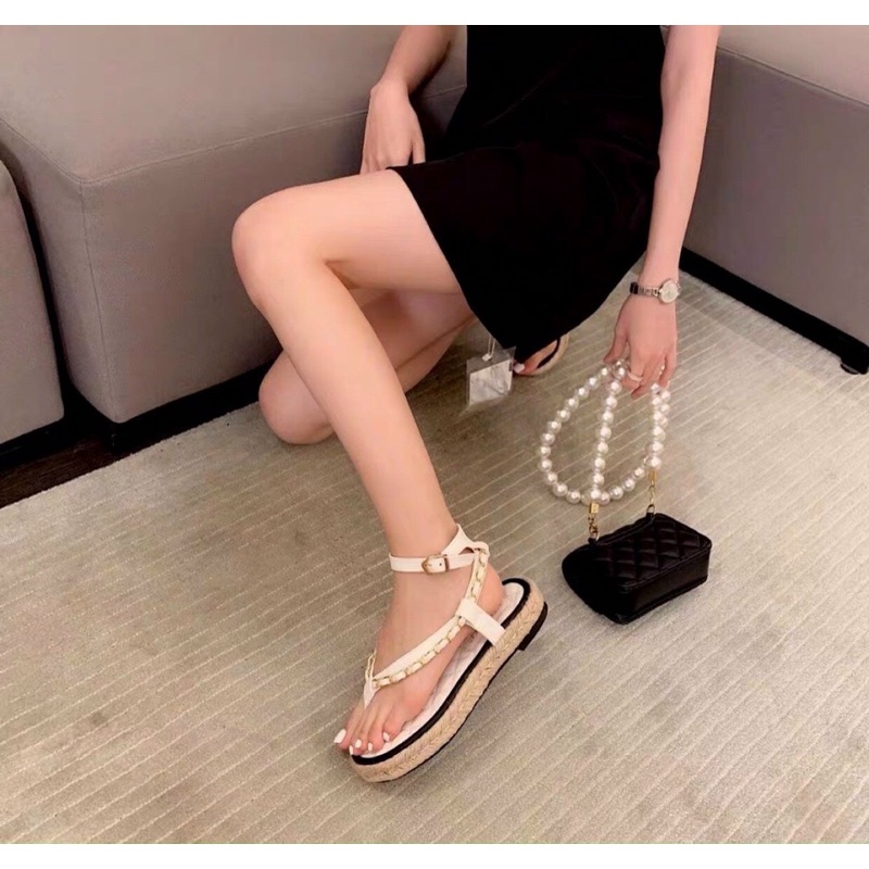 Sandal kẹp xỏ ngón viền xích đế cói hiền hồ fullbox hàng quảng châu cao cấp