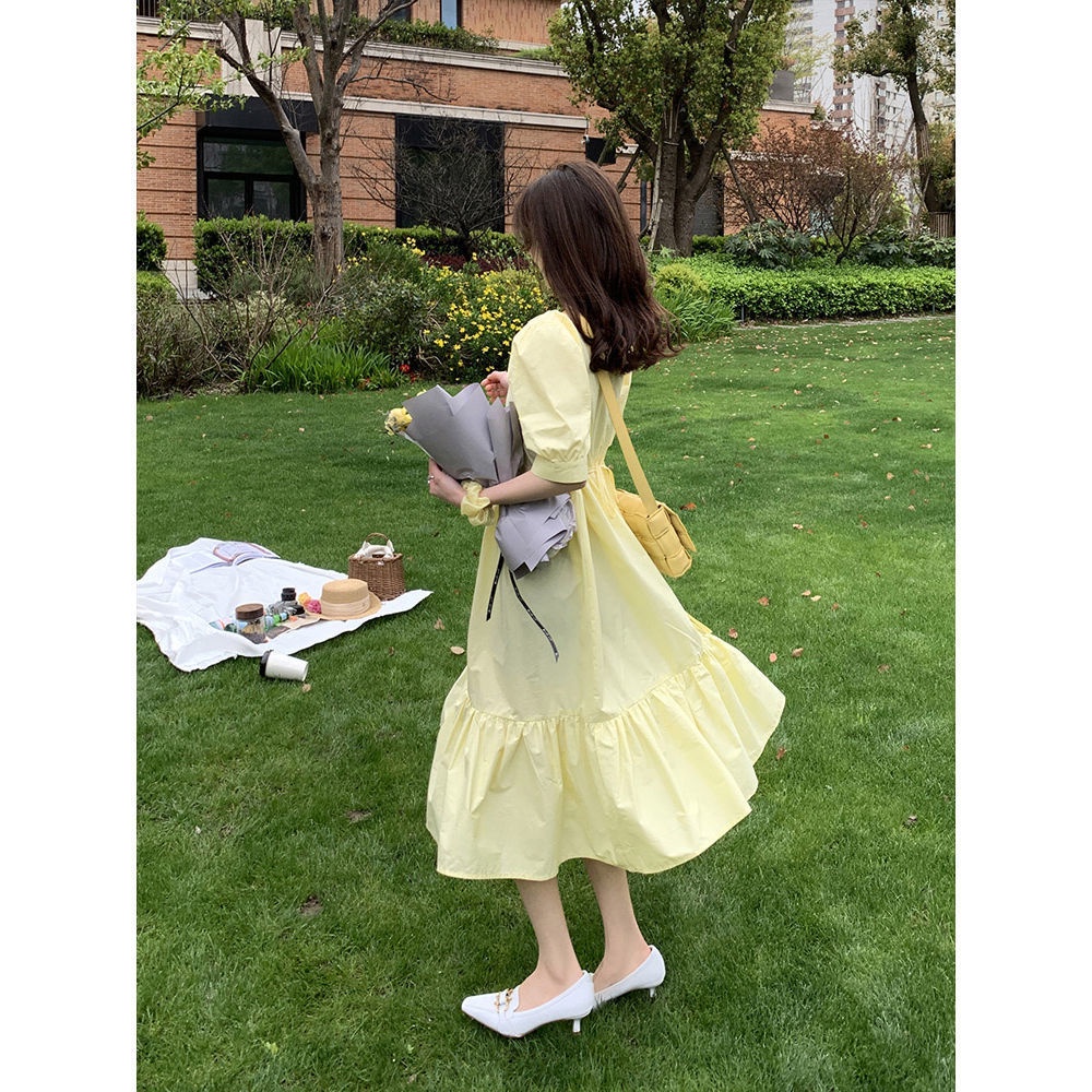 Đầm Dài Màu Vàng Nhạt Phong Cách Pháp Thanh Lịch Cao Cấp Màu Vàng Nhạt Phong Cách Phương Tây Cho Nữ