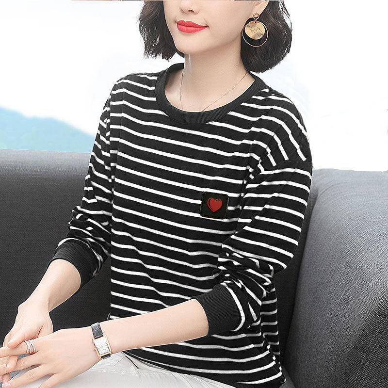 Áo thun tay dài cổ tròn dáng rộng họa tiết kẻ sọc thời trang cho phụ nữ trung niên