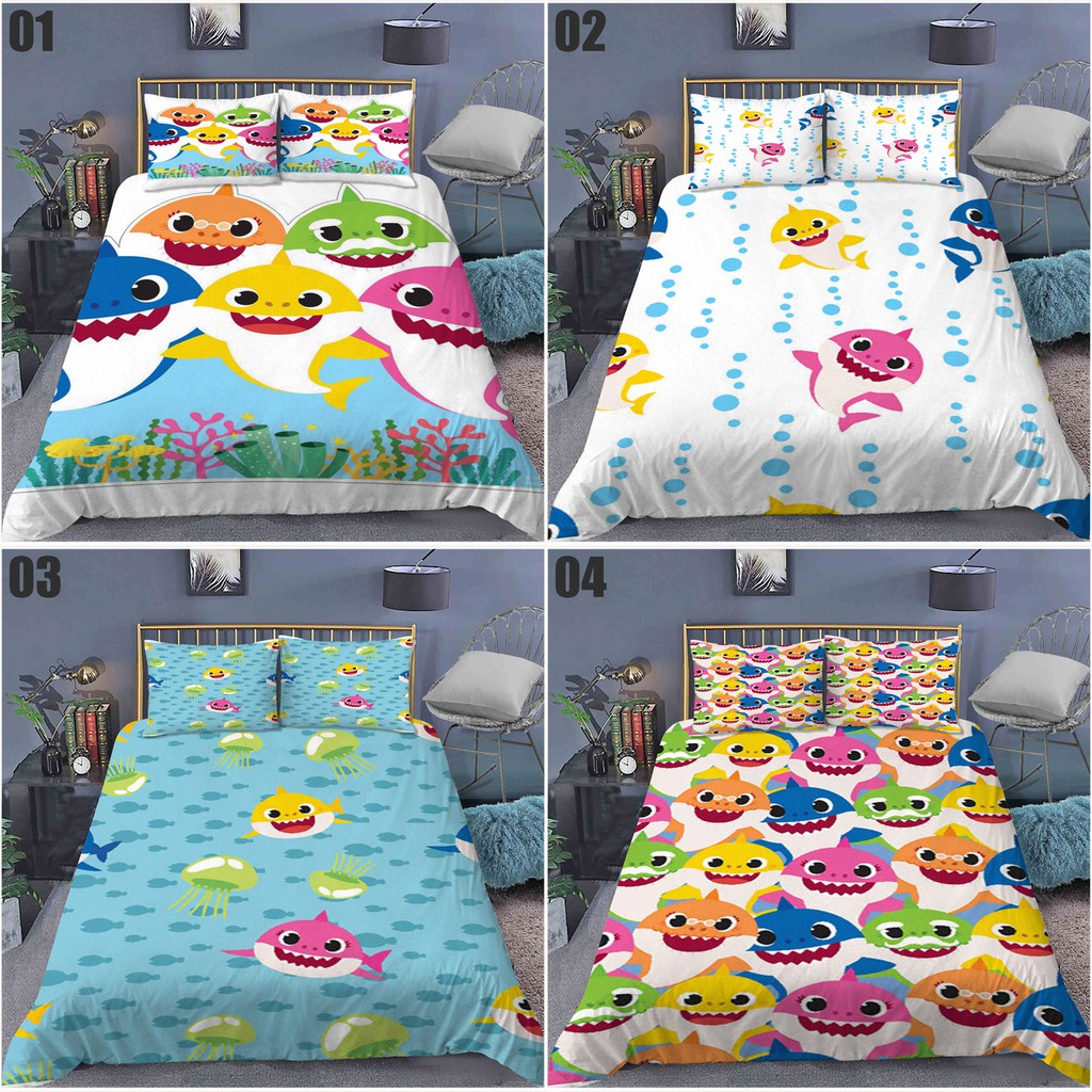 Yt1 phim hoạt hình baby shark 3in1 bộ đồ giường bộ trải giường chăn ga gối vỏ gối phòng ngủ bộ đồ mặc nhà có thể giặt thoải mái ty1