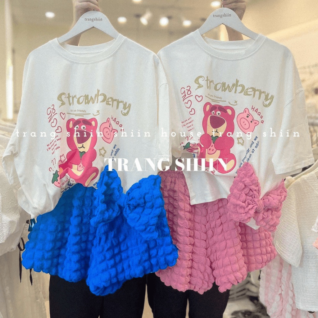 MẪU HOT SÉT BỘ ÁO COTTON IN HÌNH GẤU PHỐI QUẦN XỐP NHÚN Ô VUÔNG SIÊU DỄ THƯƠNG ĐƯỢC CHỊ EM SĂN ĐÓN UP