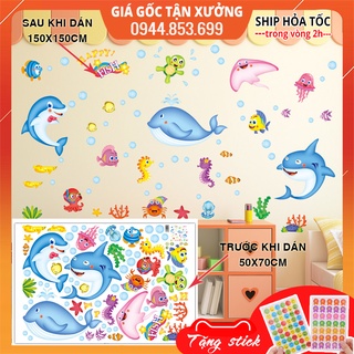 Tranh dán tường cho bé, đề can dán tường cho bé các loại cá trang phí phòng ngủ phòng học của bé, hình dán sticker cá