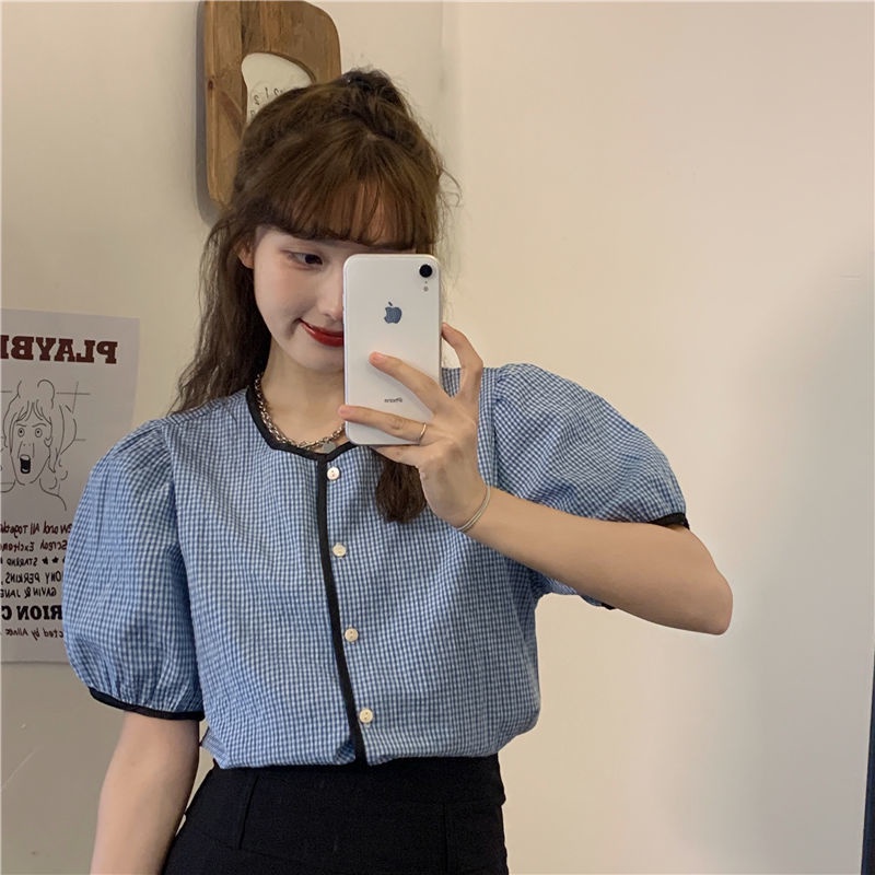 Áo sơ mi tay ngắn phồng họa tiết sọc caro thời trang theo phong cách hàn quốc cho nữ