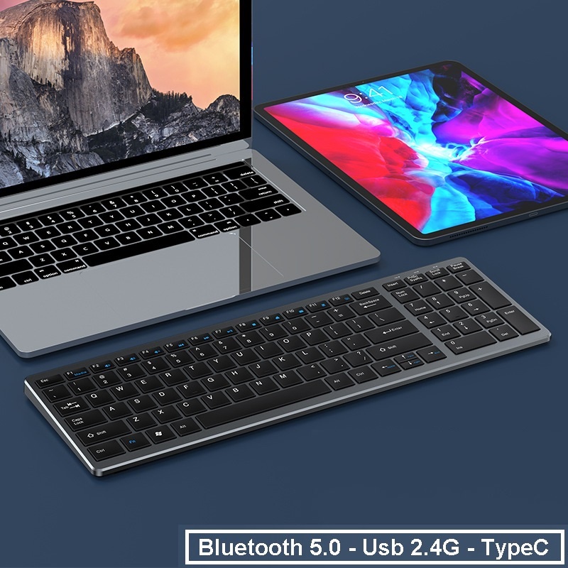 Bàn phím không dây mini W160C - pin sạc TypeC - đa kết nối bluetooth 5.0 + 3.0 + Usb wireless 2.4G
